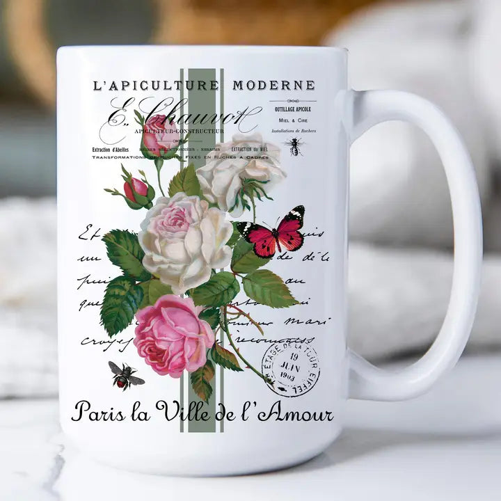 Vintage French Roses Butterfly 15 oz Coffee Mug