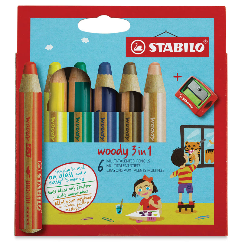 Stabilo - Woody 3 in 1 Pencil - Pack of 6 Colors with Sharpener