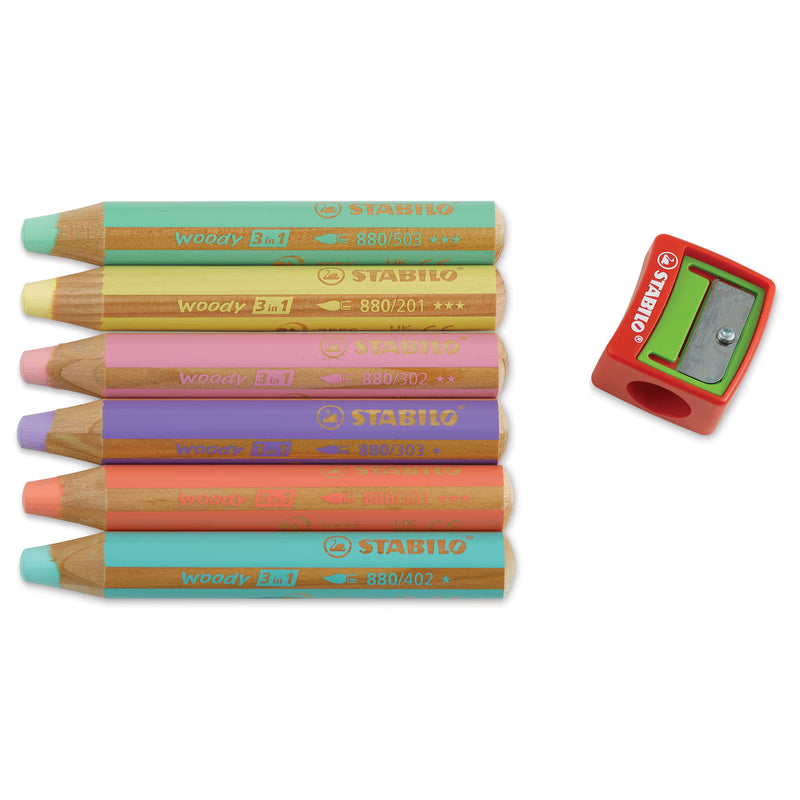 Stabilo - Woody 3 in 1 Pencil - Pack of 6 Pastel Colors with Sharpener