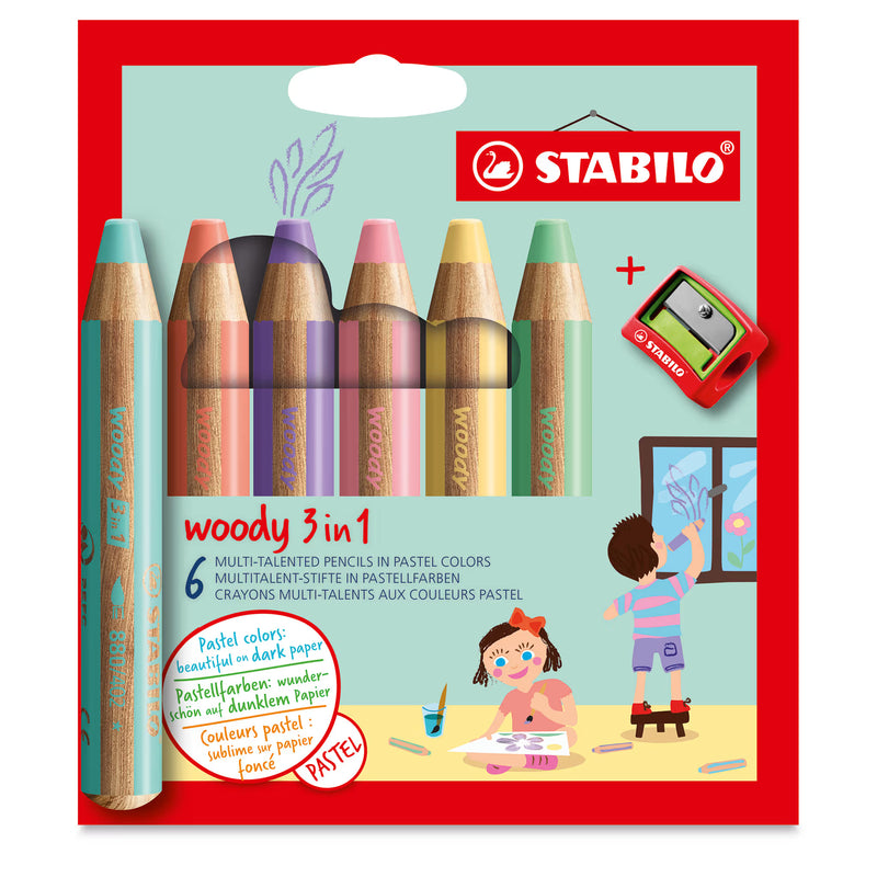 Stabilo - Woody 3 in 1 Pencil - Pack of 6 Pastel Colors with Sharpener