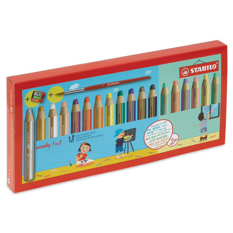 Stabilo - Woody 3 in 1 Pencil - Pack of 18 Colors with Sharpener & Brush
