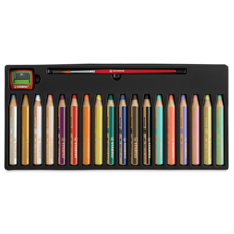 Stabilo - Woody 3 in 1 Pencil - Pack of 18 Colors with Sharpener & Brush