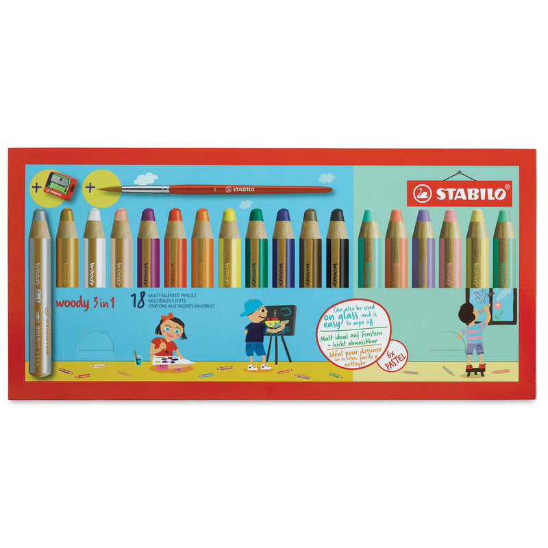 Stabilo - Woody 3 in 1 Pencil - Pack of 18 Colors with Sharpener & Brush