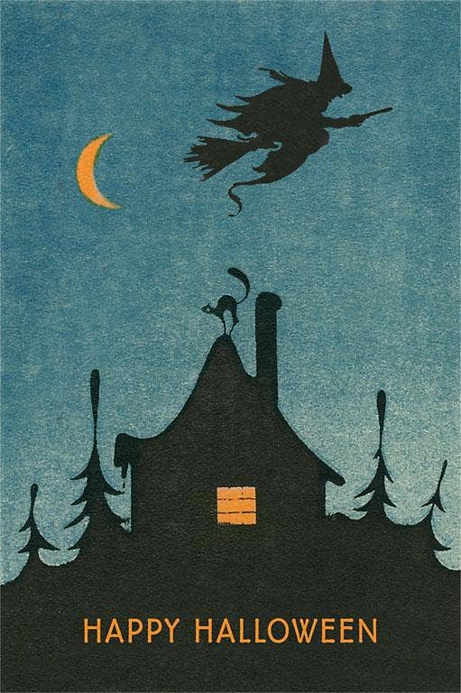 Found Image Press - Postcard - Happy Halloween - Witch Flying over House