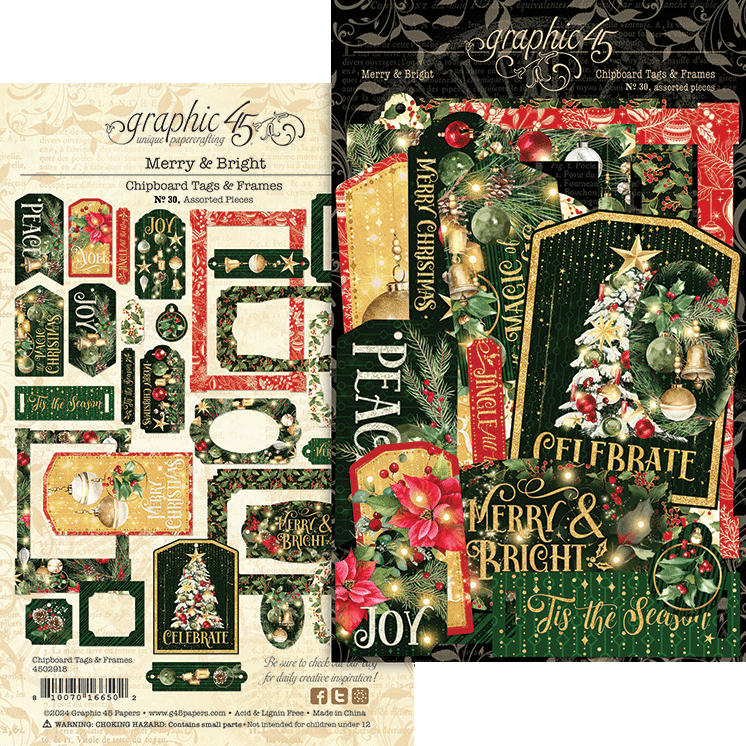 Graphic 45 - Merry & Bright Collection - Chipboard Embellishments - Tags And Frames