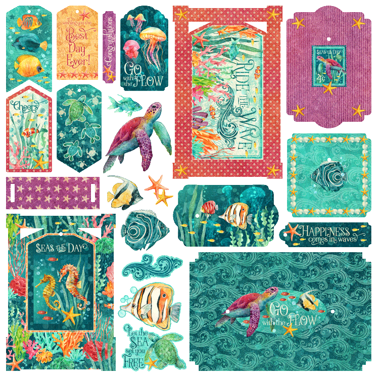 Graphic 45 - Seas the Day - Chipboard Pieces, Tags & Frames