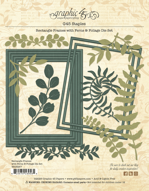 Graphic 45 - Staples Embellishments - Metal Dies - Rectangle Frames With Ferns & Foliage