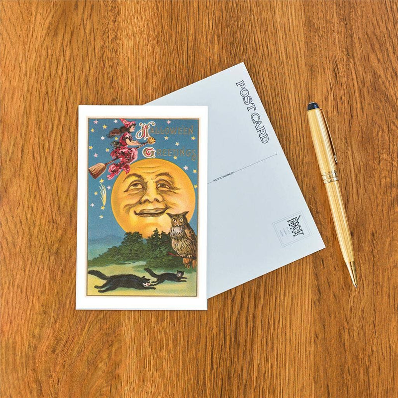 Found Image Press - Postcard - Witch in Red, Moon, Cats and Owl