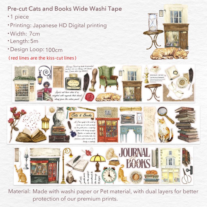 The Washi Tape Shop - Pre-cut Cats and Books Wide Washi Tape