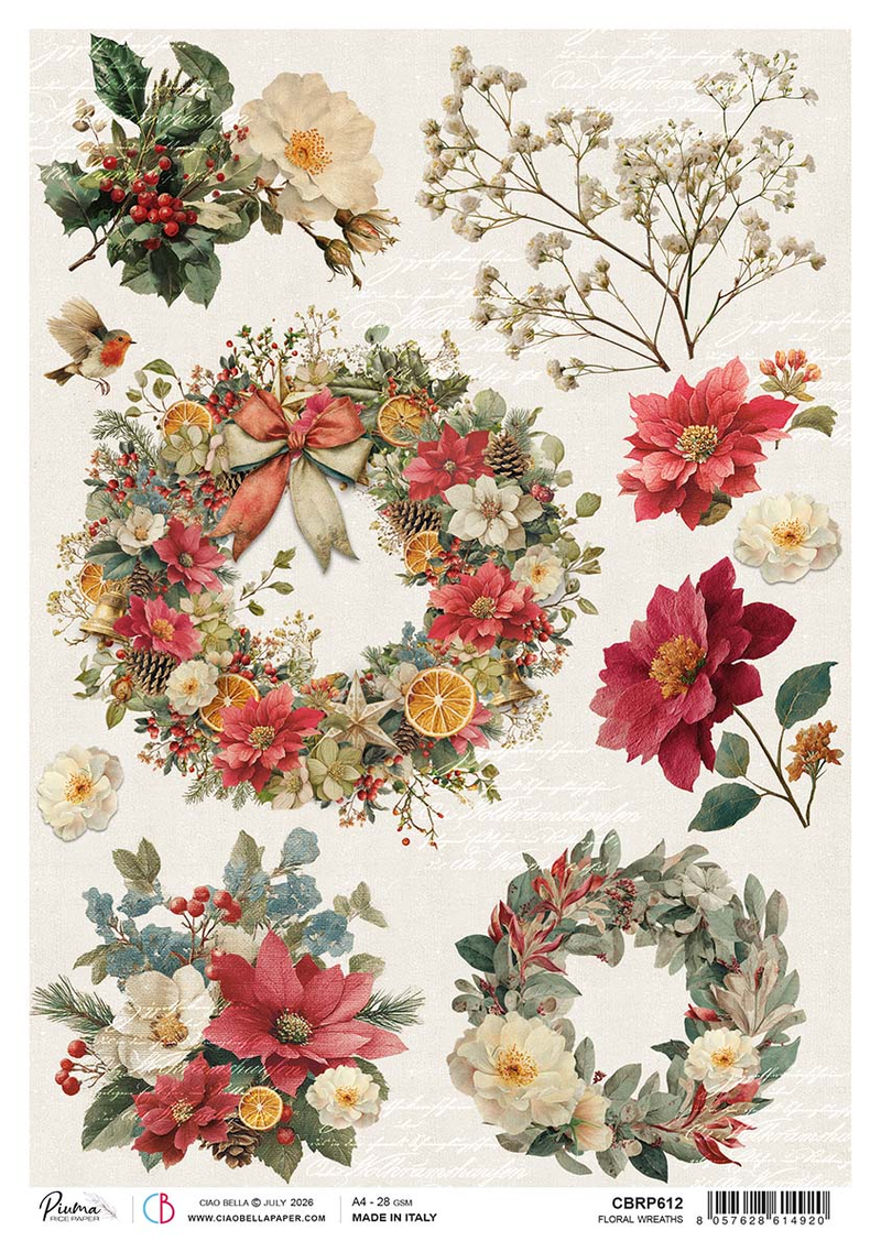 Ciao Bella - Merry & Bright - Rice Paper - A4 Floral Wreaths