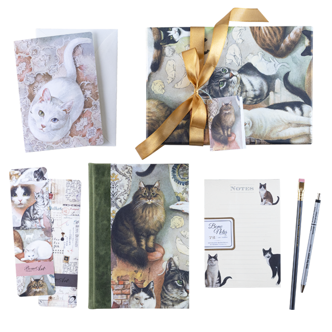 Bomo Art - Bomo Gift Set - With Half-Leather Bound Journal - The Nine Lives of Cats