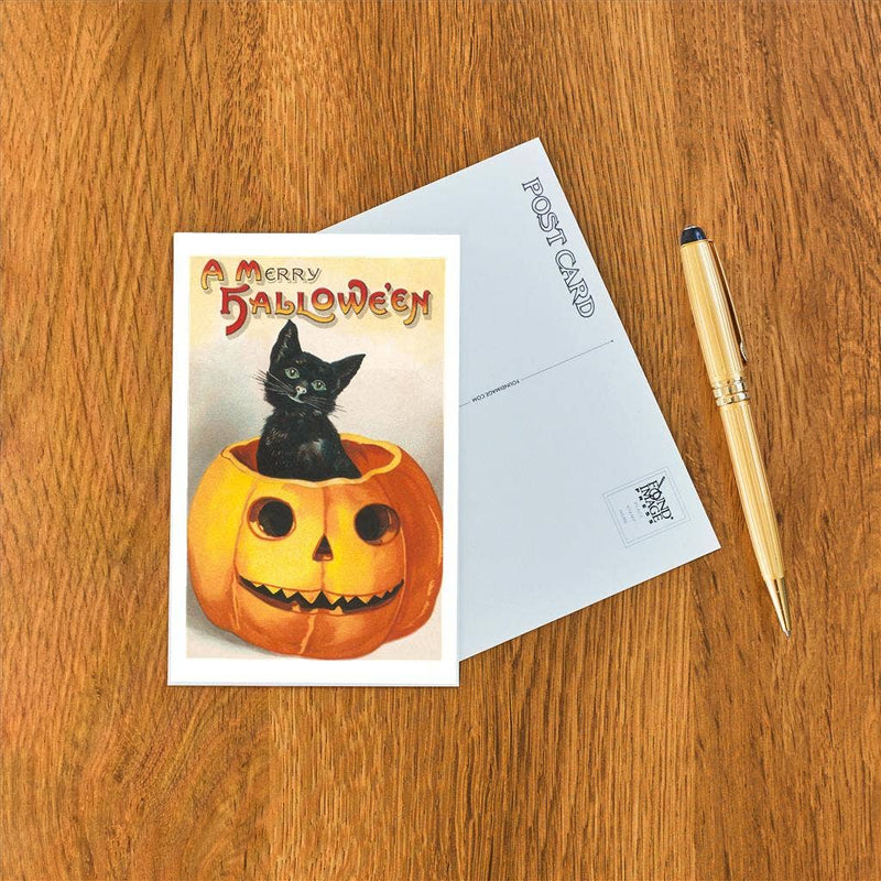 Found Image Press - Postcard - A Merry Halloween, Cat in Jack O'Lantern