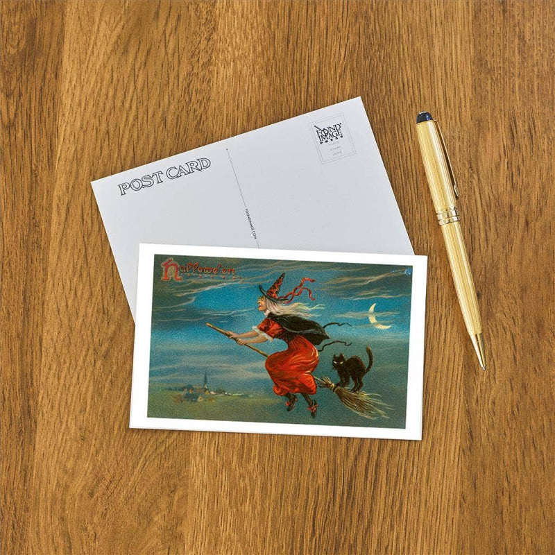 Found Image Press - Postcard - Halloween - Witch and Cat on Broom