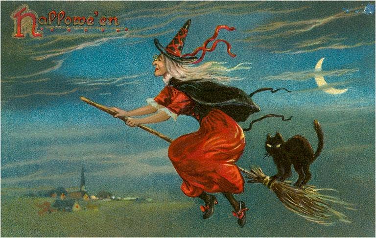 Found Image Press - Postcard - Halloween - Witch and Cat on Broom