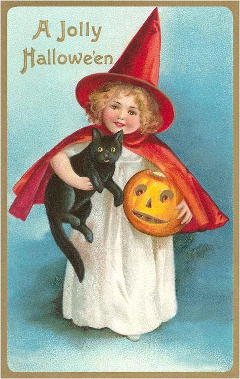 Found Image Press - Postcard - A Jolly Halloween, Little Girl Witch with Cat
