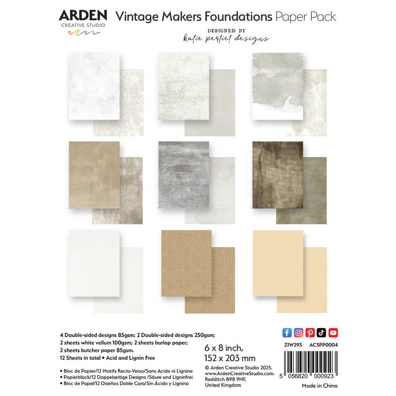 Arden Creative Studio - Vintage Makers Foundations 6in x 8in Paper Pack