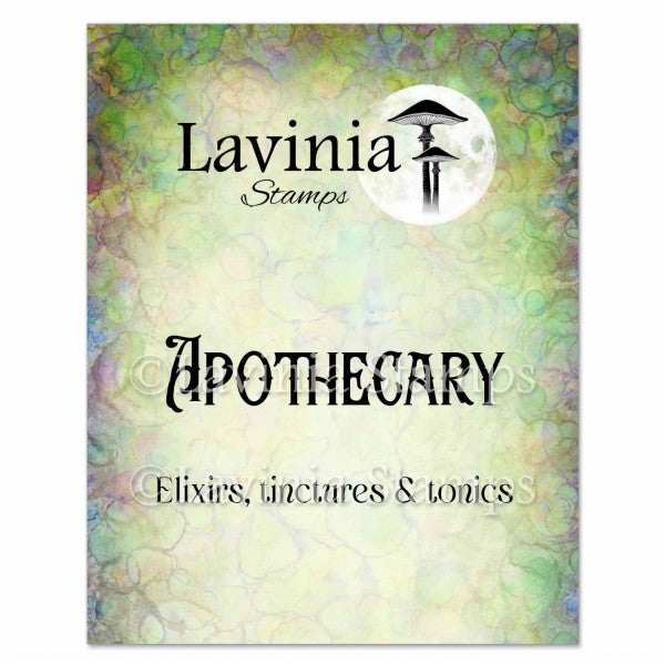 A square product card or packaging design for Lavinia Stamps, featuring the brand name 'Lavinia Stamps' and a mushroom logo, with the text 'APOTHECARY' and 'Elixirs, tinctures & tonics' over a soft pastel marbled background.