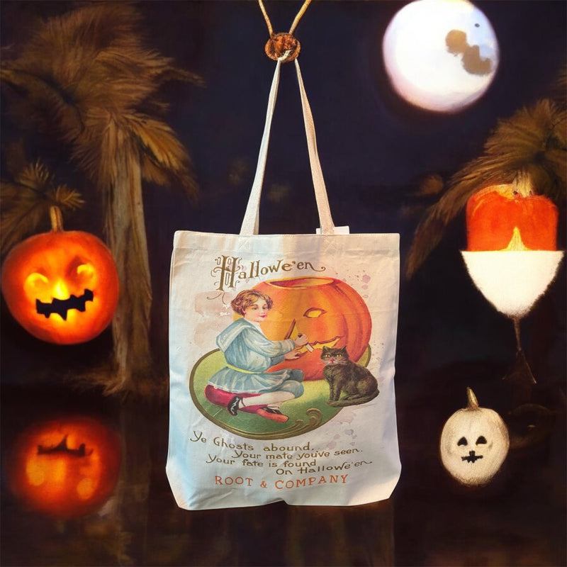 Root and Company - Halloween Vintage Pumpkin Black Cat Canvas Tote Bag