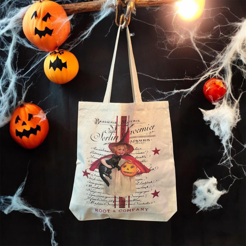 Root and Company - Halloween Vintage French Black Cat Canvas Tote Bag