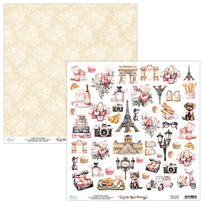 Mintay Papers - See You In Paris Collection - 12 x 12 Double Sided Paper - Elements