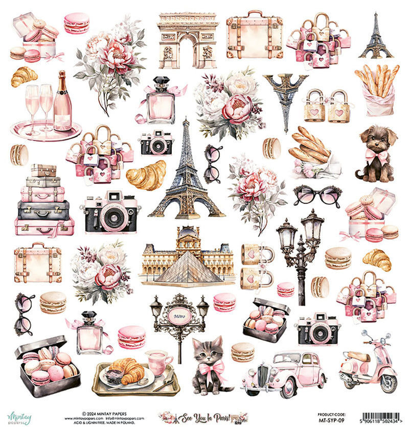 Mintay Papers - See You In Paris Collection - 12 x 12 Double Sided Paper - Elements