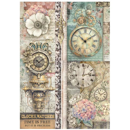 Stamperia - Gardens Of Time - A4 Rice Paper - Clocks Time Is Free