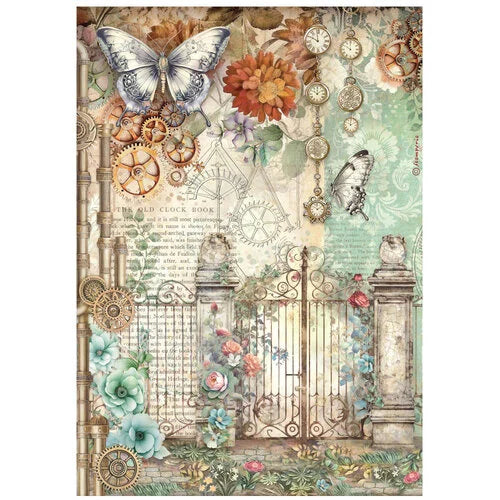Stamperia - Gardens Of Time - A4 Rice Paper - Gate and Butterfly