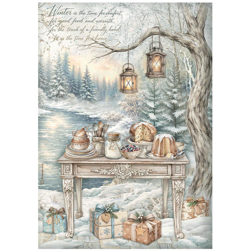 Stamperia - White Christmas - A4 Rice Paper - Festive Table By The Lake