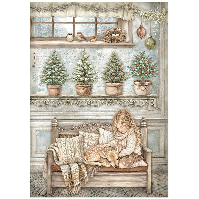 Stamperia - White Christmas - A4 Rice Paper - Little Girl And A Fawn