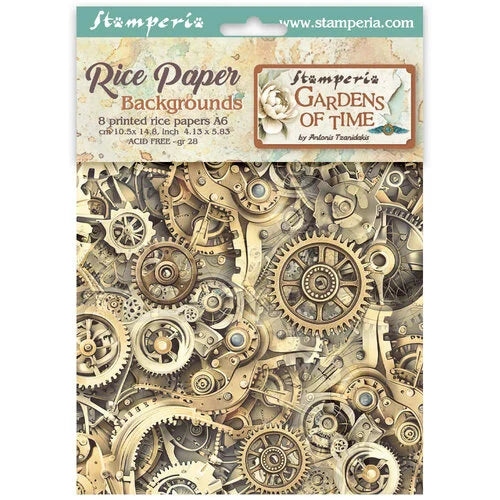 Stamperia - Gardens Of Time - A6 Rice Paper - Backgrounds - 8 Pack
