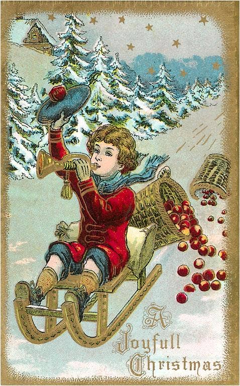 Found Image Press - Postcard - Joyful Christmas, Victorian Boy on Sled
