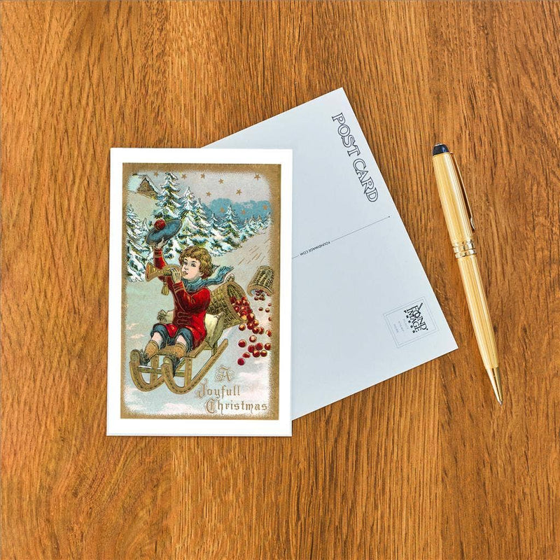 Found Image Press - Postcard - Joyful Christmas, Victorian Boy on Sled