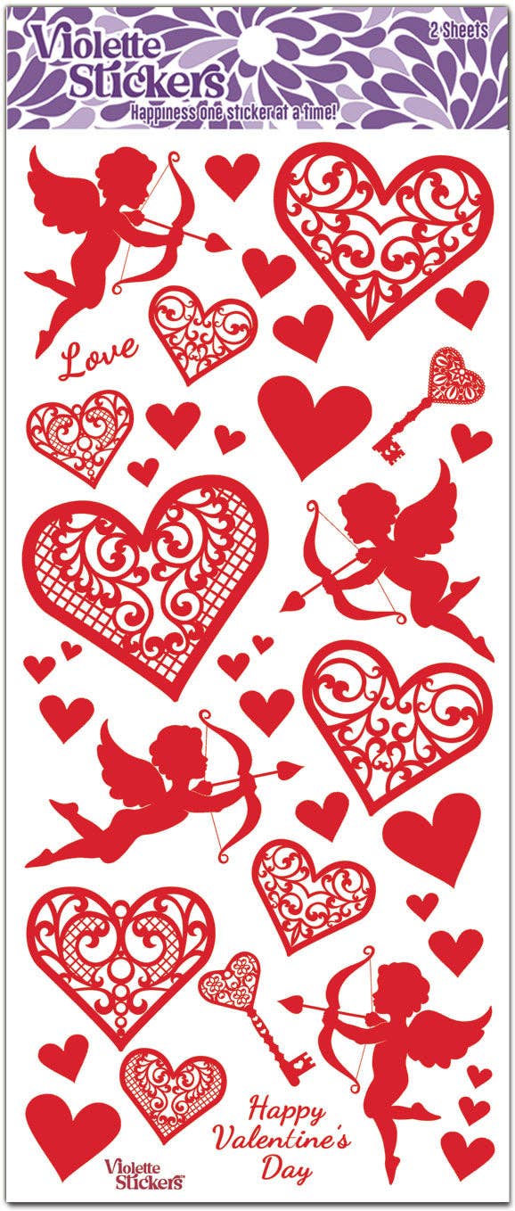 Violette Stickers - Red Foil Hearts & Cupid Stickers