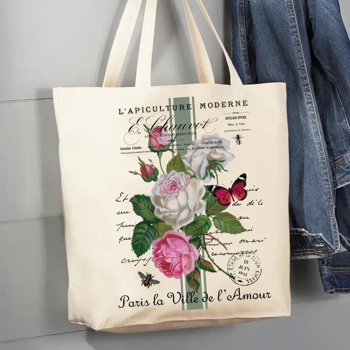 Vintage French Roses Butterfly Tote Bag