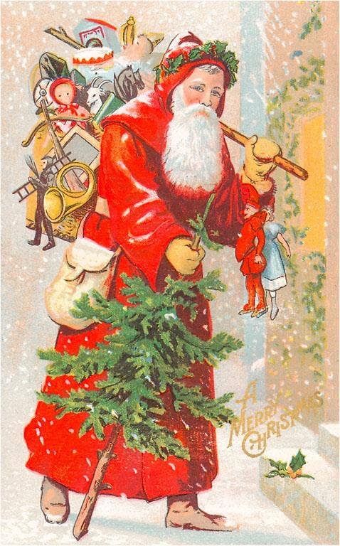 Found Image Press - Postcard - A Merry Christmas, Santa with Toys and Tree