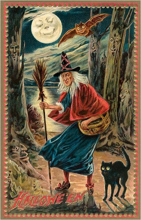 Found Image Press - Postcard - Witch and Black Cat in Forest