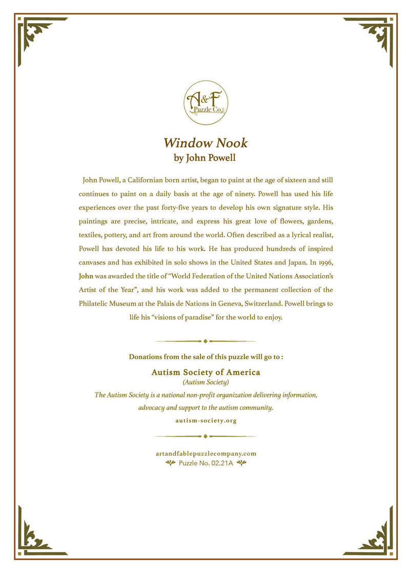 Art & Fable Puzzle Company - Window Nook - 1000-pc Velvet-Touch Jigsaw Puzzle