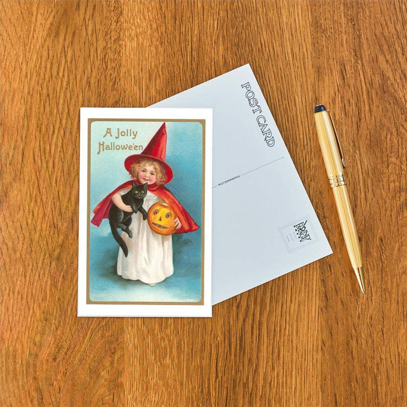 Found Image Press - Postcard - A Jolly Halloween, Little Girl Witch with Cat