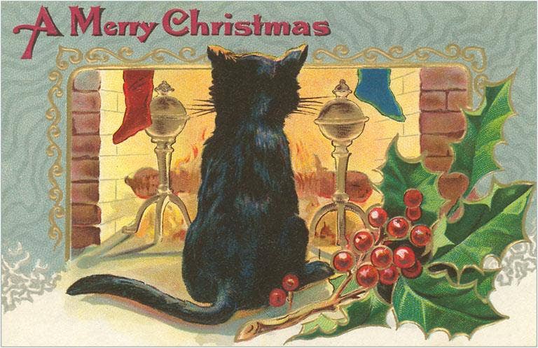 Found Image Press - Postcard - A Merry Christmas, Cat by Fire