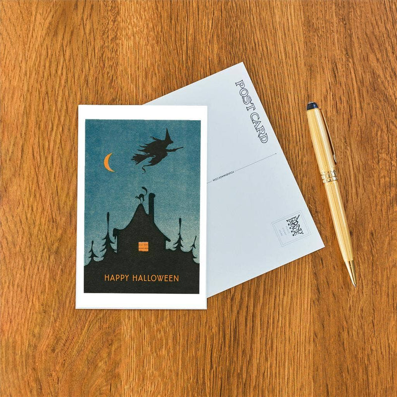 Found Image Press - Postcard - Happy Halloween - Witch Flying over House