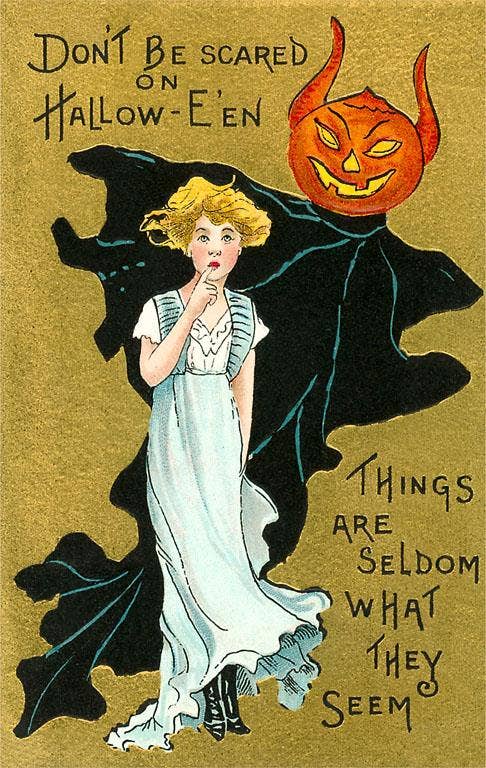 Found Image Press - Postcard - Halloween, Girl and Jack O'Lantern Goblin
