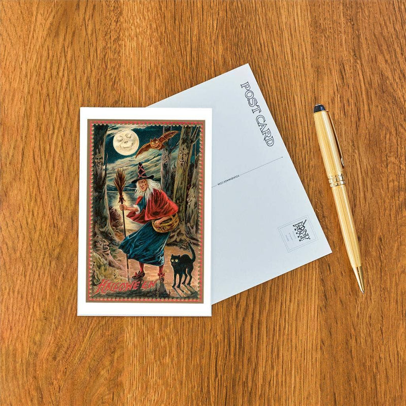 Found Image Press - Postcard - Witch and Black Cat in Forest