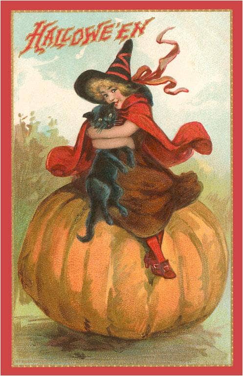Found Image Press - Postcard - Halloween, Victorian Witch on Pumpkin
