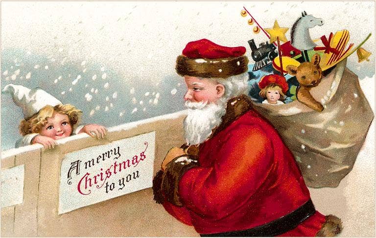 Found Image Press - Postcard - Merry Christmas, Santa with Child by Fence