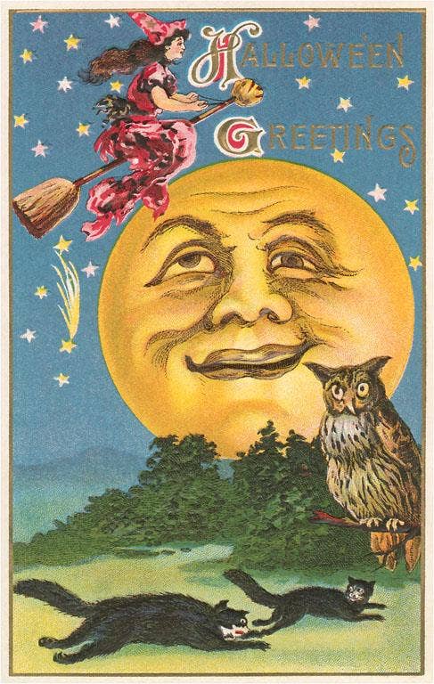 Found Image Press - Postcard - Witch in Red, Moon, Cats and Owl