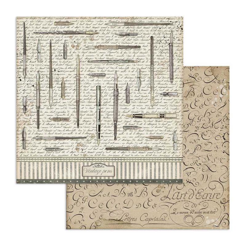 Stamperia - 12 x 12 Double Sided Paper - Vintage Pens