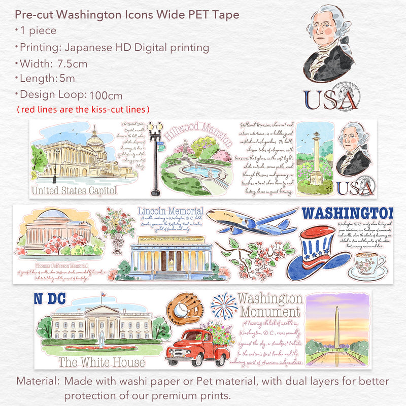 The Washi Tape Shop - Pre-cut Washington Icons Wide PET Tape